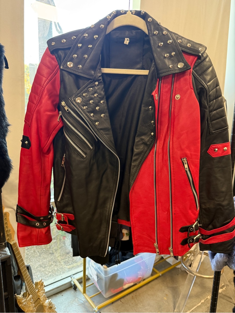 Black & Red Studded Moto Leather Jacket with tons of detail: studs- straps- zips